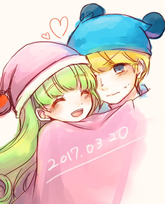 1boy, 1girl, :d, ^_^, blonde_hair, blue_eyes, blue_hat, blunt_bangs