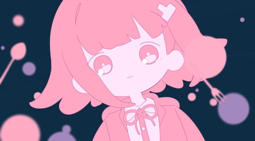 1girl, closed_mouth, collared_shirt, danganronpa_(series), danganronpa_2:_goodbye_despair, fork, hair_ornament, highres