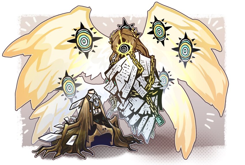 1boy, 1girl, black_hair, broken_mirror, brown_coat, brown_hair, bygone_days_(e.g.o), chain, coat, collared_shirt, e.g.o_(project_moon), extra_eyes, glass_shards, halo, headless, heavenly_executor's_scribe, highres, holding, holding_mirror, limbus_company, long_hair, long_sleeves, mirror, monster, multiple_wings, plant_roots, pm_suguri, portrait_of_a_certain_day, project_moon, pursuance_(e.g.o), rodion_(project_moon), seraph, shirt, simple_background, white_background, white_shirt, wings, yi_sang_(project_moon)