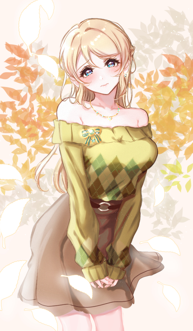 1girl, ayase_eli, bad_id, bad_pixiv_id, blonde_hair, earrings, female_focus, hair_down