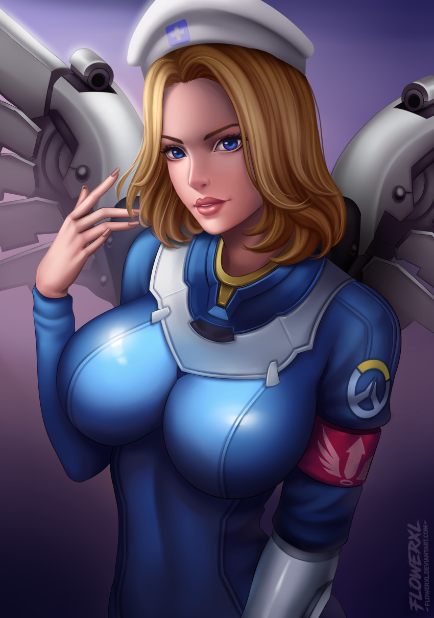 1girl, abstract_background, absurdres, artist_logo, artist_name, blizzard_(company), blonde_hair, blue_eyes, breasts, brown_lips, brown_nails, combat_medic_ziegler, deviantart_username, female_focus, flowerxl, hat, highres, large_breasts, logo, looking_at_viewer, medical, mercy, mercy_(overwatch), nurse_cap, overwatch, overwatch_2, pale_skin, short_hair, simple_background, solo, swiss