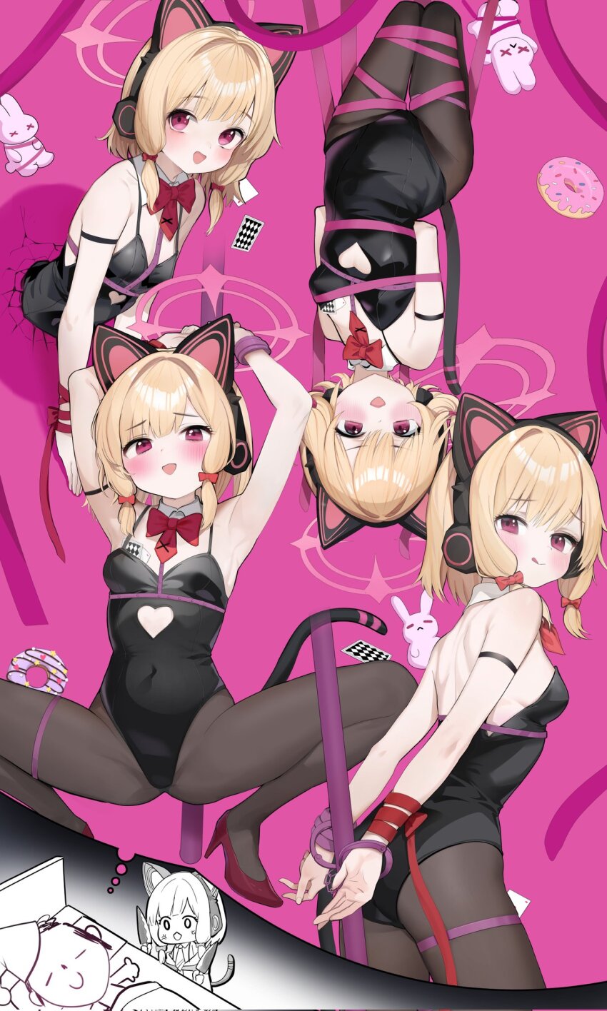 1boy, 1girl, anger_vein, animal_ear_headphones, animal_ears, bare_shoulders, black_leotard, black_pantyhose, blonde_hair, blue_archive, blush, bound, bound_wrists, bow, bowtie, breasts, card, cat_ear_headphones, cat_ears, clothing_cutout, cuffs, cutout_above_navel, death_momoi_(meme), detached_collar, donut, doodle_sensei_(blue_archive), dreaming, dual_wielding, fake_animal_ears, food, furrowed_brow, hair_bow, halo, handcuffs, hanging, headphones, heart_cutout, high_heels, highres, holding, holding_knife, impending_doom, knife, leotard, loli, looking_at_viewer, low-tied_sidelocks, meme, momoi_(blue_archive), object_in_bra, open_mouth, p-gnesium, pantyhose, pink_background, pink_eyes, pink_halo, playboy_bunny, playing_card, pole, rabbit_hole_(vocaloid), red_bow, red_bowtie, red_footwear, ribbon, ribbon_bondage, second-party_source, sensei_(blue_archive), short_hair, sidelocks, sleeping, small_breasts, smile, spread_legs, squatting, stripper_pole, through_wall