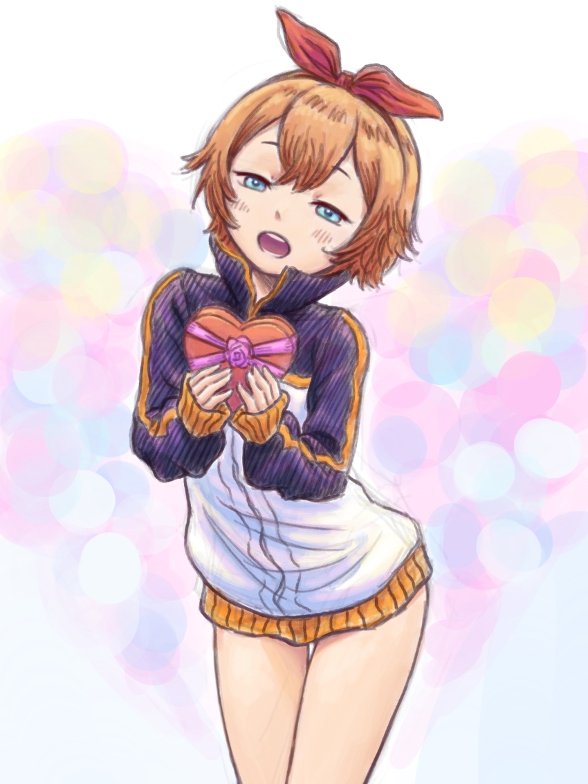 1girl, bare_legs, barusuthegoat, blue_eyes, blush, box, box_of_chocolates, candy