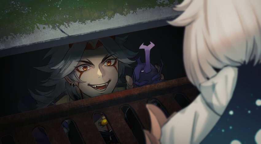 1boy, 1girl, :d, arataki_itto, beetle, blue_cape, blurry, blurry_foreground