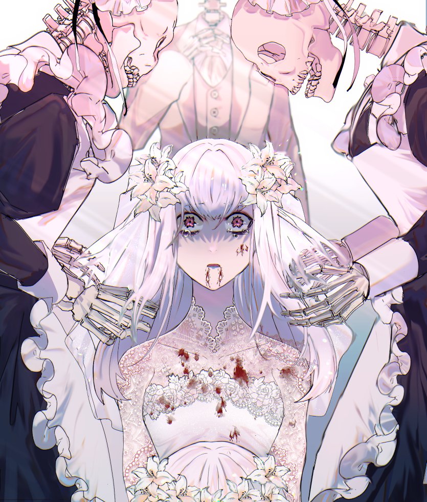 1girl, 3others, alternate_costume, apron, blood, blood_on_clothes, blood_on_face, collarbone, commentary_request, dress, fire_emblem, fire_emblem:_three_houses, flower, formal_clothes, hair_flower, hair_ornament, ice_ice_mint, long_hair, lysithea_von_ordelia, maid, maid_apron, multiple_others, nintendo, open_mouth, red_eyes, skeleton, skull, suit, tears, white_dress, white_flower, white_hair