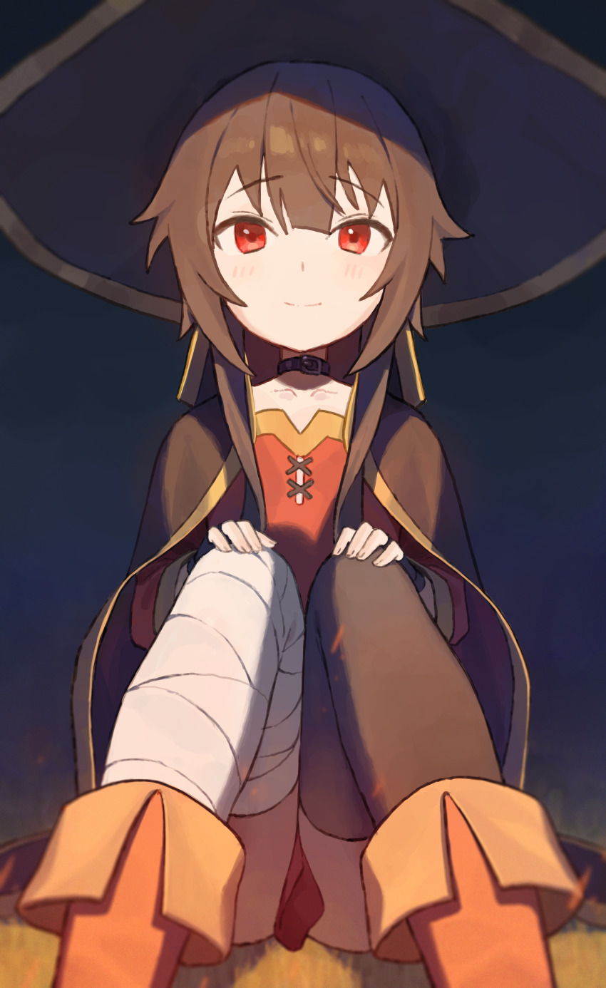 1girl, absurdres, asymmetrical_legwear, bandaged_leg, bandages, belt_collar, black_cape, black_collar, black_hat, black_thighhighs, brown_footwear, brown_hair, cape, closed_mouth, collar, commentary, crro, dress, feet_out_of_frame, hands_on_own_knees, hat, highres, knees_up, kono_subarashii_sekai_ni_shukufuku_wo!, light_blush, long_sleeves, looking_at_viewer, megumin, mismatched_legwear, red_dress, red_eyes, short_hair, short_hair_with_long_locks, single_thighhigh, sitting, smile, solo, split_mouth, thighhighs, witch_hat