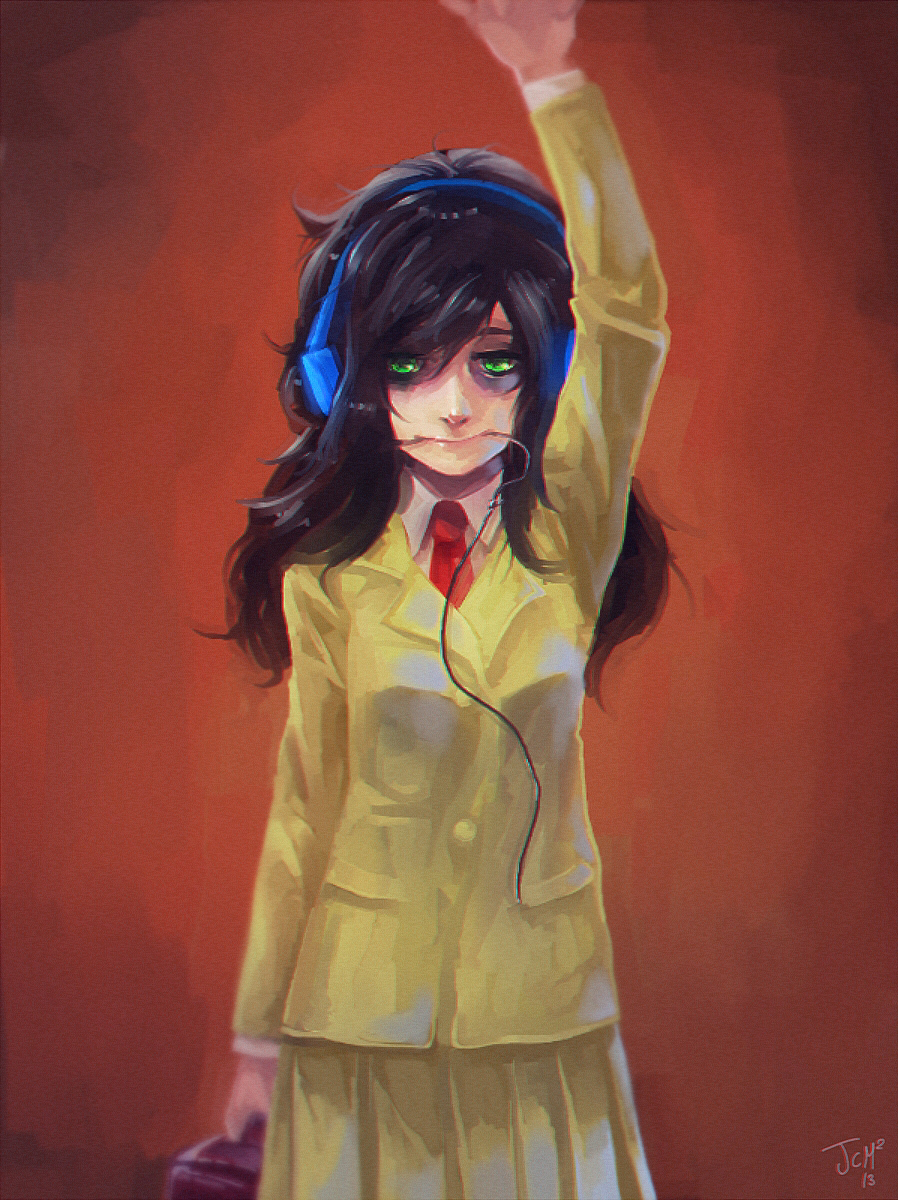 1girl, arm_at_side, arm_up, artist_name, bad_id, bad_pixiv_id, bag, bags_under_eyes, black_hair, blazer, breasts, briefcase, brown_bag, cable, cable_in_mouth, collared_shirt, commentary, dated, dress_shirt, gradient_background, green_eyes, headphones, highres, holding, holding_bag, jacket, jcm2, kuroki_tomoko, long_hair, long_sleeves, messy_hair, mouth_hold, necktie, orange_background, pleated_skirt, red_necktie, school_briefcase, school_uniform, shirt, skirt, small_breasts, solo, standing, swept_bangs, unkempt, unkempt_female, v, watashi_ga_motenai_no_wa_dou_kangaetemo_omaera_ga_warui!, white_shirt, yellow_jacket, yellow_skirt