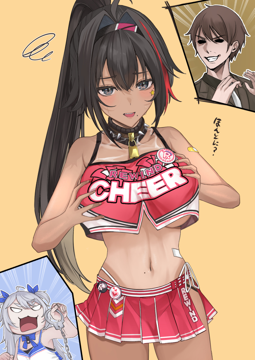 1boy, 2girls, ahoge, angry, bay_(nikke), breasts, breasts_squeezed_together, brown_eyes, brown_hair, cheerleader, commander_(nikke), crop_top, cuffs, dark-skinned_female, dark_skin, formal_clothes, goddess_of_victory:_nikke, hair_intakes, handcuffs, highres, holding, holding_handcuffs, large_breasts, long_hair, looking_at_viewer, multiple_girls, nagato_tsumugu, navel, necktie, open_mouth, pleated_skirt, poli_(cheer_up_police)_(nikke), poli_(nikke), red_skirt, sharp_teeth, short_hair, short_twintails, skirt, smile, suit, teeth, twintails, upper_teeth_only, white_hair, white_necktie