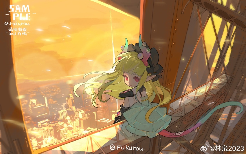 1girl, aqua_dress, aqua_horns, aqua_tail, arm_on_knee, artist_name, black_collar, black_gloves