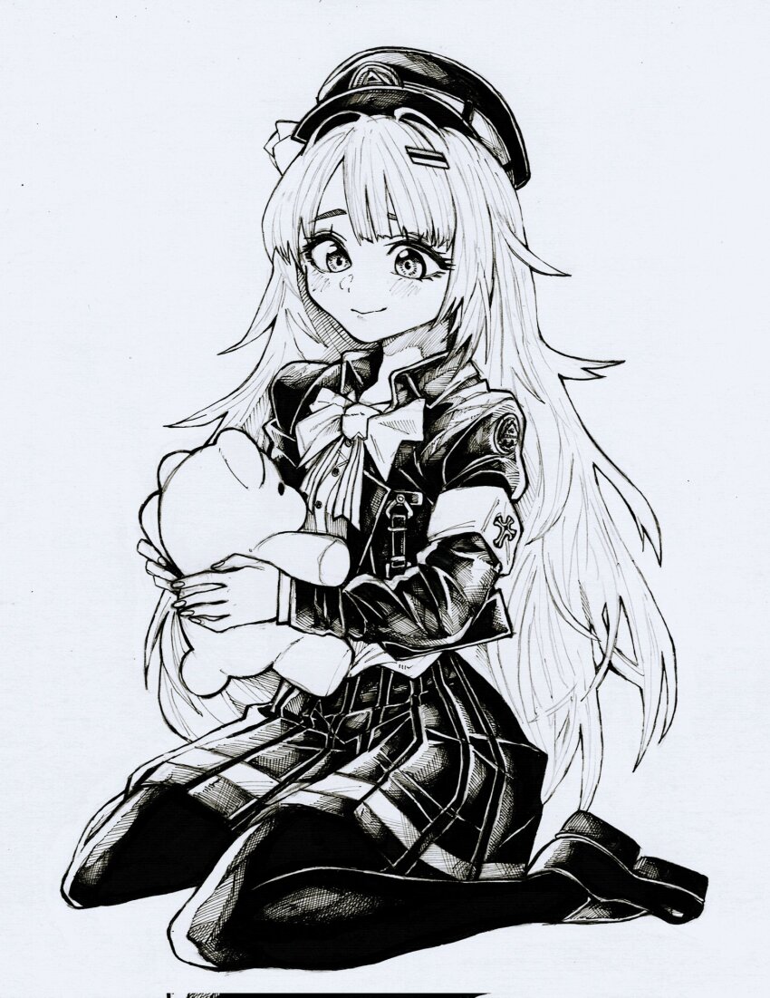 1girl, blush, bow, bowtie, closed_mouth, dmonochrome, gloves, goddess_of_victory:_nikke