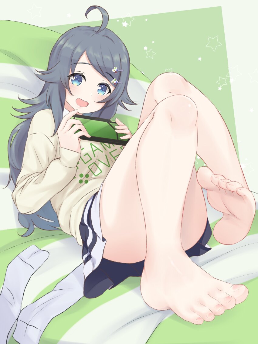 1girl, :3, :d, absurdres, ahoge, bare_legs, barefoot, bed_sheet, blue_eyes, blue_sky, blush, commission, convenient_censoring, convenient_leg, eyelashes, feet, foot_focus, full_body, green_background, grey_hair, hair_ornament, handheld_game_console, highres, holding, holding_handheld_game_console, indoors, inohara_koboshi, legs, long_hair, long_sleeves, looking_at_viewer, miniskirt, on_bed, ongeki, open_mouth, pleated_skirt, samiko, shadow, sidelocks, skeb_commission, skirt, sky, smile, socks, soles, solo, swept_bangs, thighs, toenails, toes, unworn_socks, white_socks