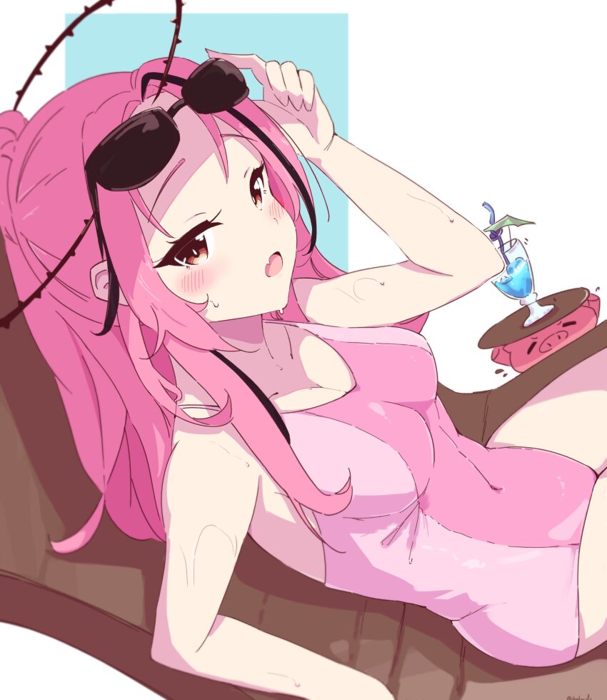 1girl, absurdres, adjusting_eyewear, beach_chair, bendy_straw, blue_hawaii, blush, breasts
