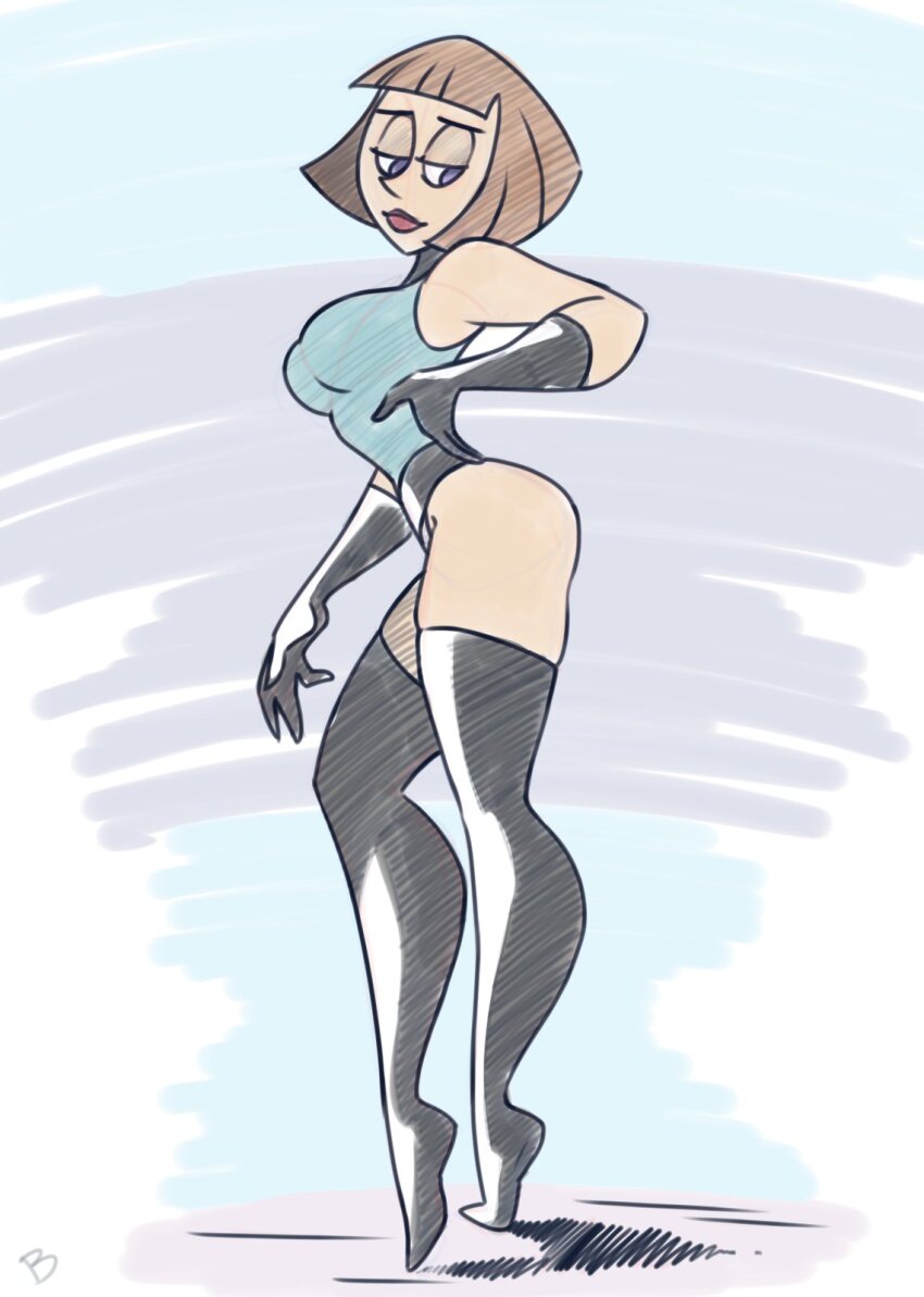 1girl, ass, black_gloves, bodysuit, boots, breasts, brown_hair, curvy, danny_phantom, full_body, gloves, highleg, highleg_leotard, highres, large_breasts, leotard, light_smile, lips, lipstick, maddie_fenton, makeup, purple_eyes, roger_bacon, shiny_clothes, short_hair, smile, solo, standing, thigh_boots, thighs, wide_hips