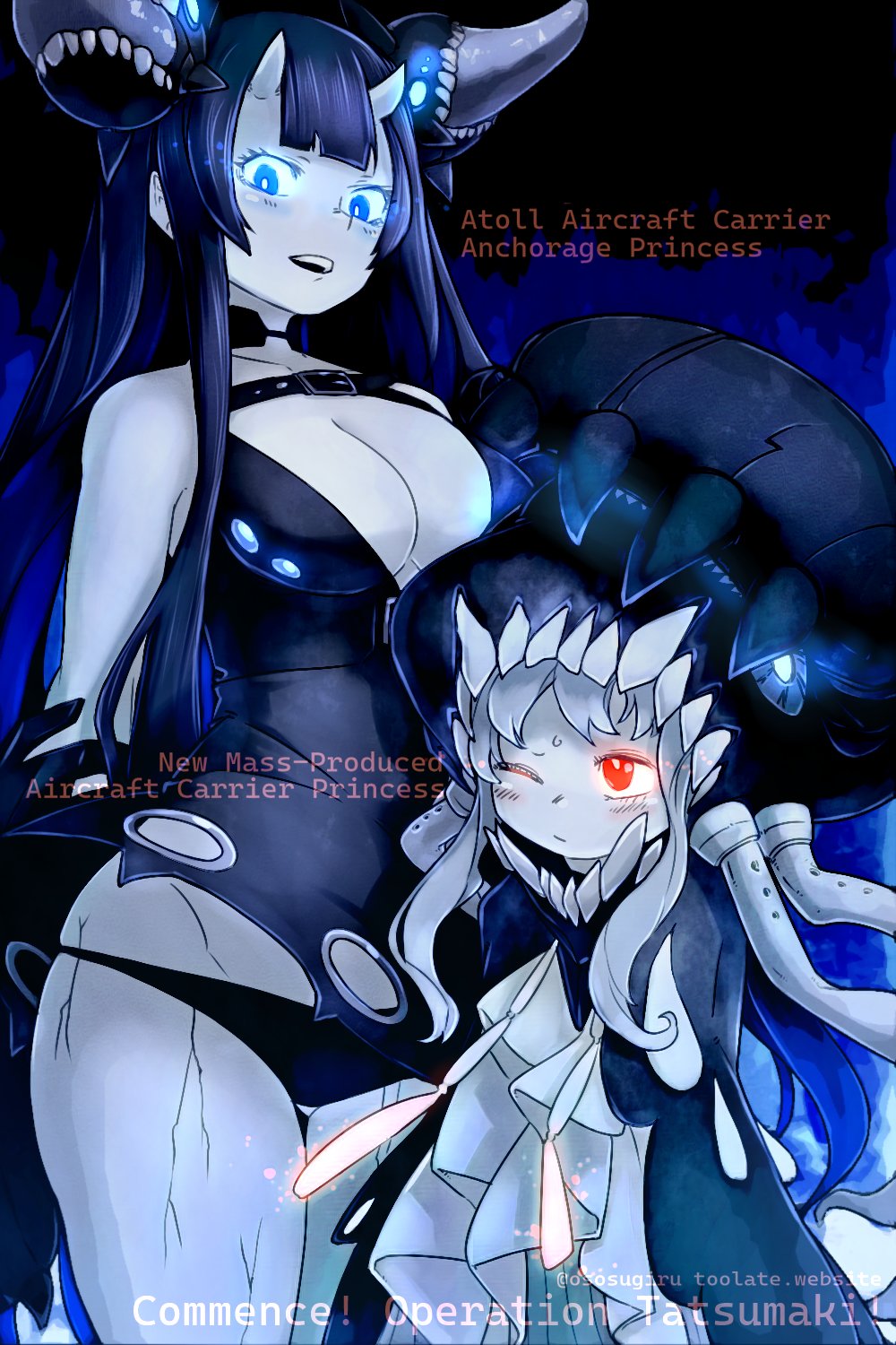 2girls, abyssal_ship, atoll_aircraft_carrier_anchorage_princess, black_dress, black_hair, black_hat, blue_eyes, blue_hair