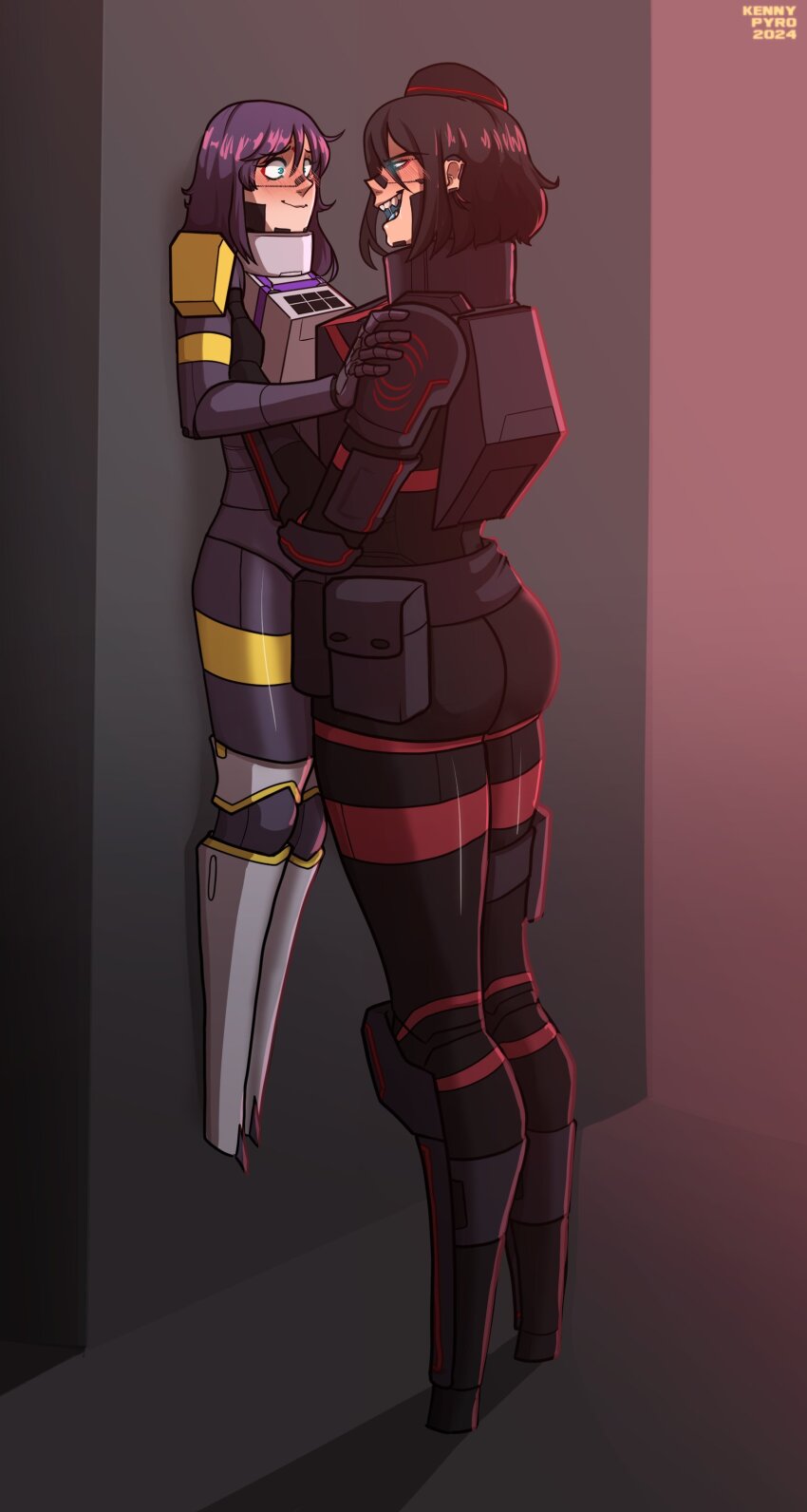 2girls, absurdres, android, armor, belt_pouch, black_hair, blue_eyes, blue_tongue, blush, character_request, colored_tongue, commission, digitigrade, facial_mark, highres, kenny_pyro, lauren_phillips_lifting_alice_merchesi_(meme), medium_hair, meme, multiple_girls, original, pouch, purple_hair, signalis, yuri