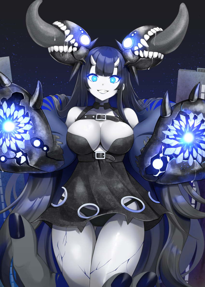 1girl, abyssal_ship, atoll_aircraft_carrier_anchorage_princess, bare_shoulders, black_dress, black_hair, black_panties, blue_eyes, breasts, cleavage, colored_skin, cracked_skin, dress, glowing, glowing_eyes, grey_skin, grin, highres, horns, kantai_collection, kodama_(mmt_uf), large_breasts, long_hair, looking_at_viewer, panties, saliva, simple_background, smile, solo, teeth, underwear, very_long_hair, white_skin