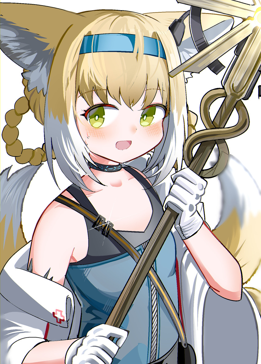 1girl, :d, animal_ears, arknights, black_choker, blonde_hair, blue_dress, blue_hairband