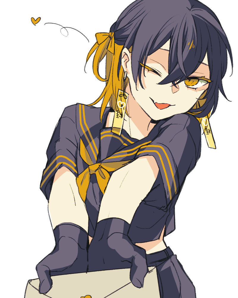 029jrr, 1girl, ;d, black_gloves, black_hair, black_serafuku, black_skirt, blonde_hair