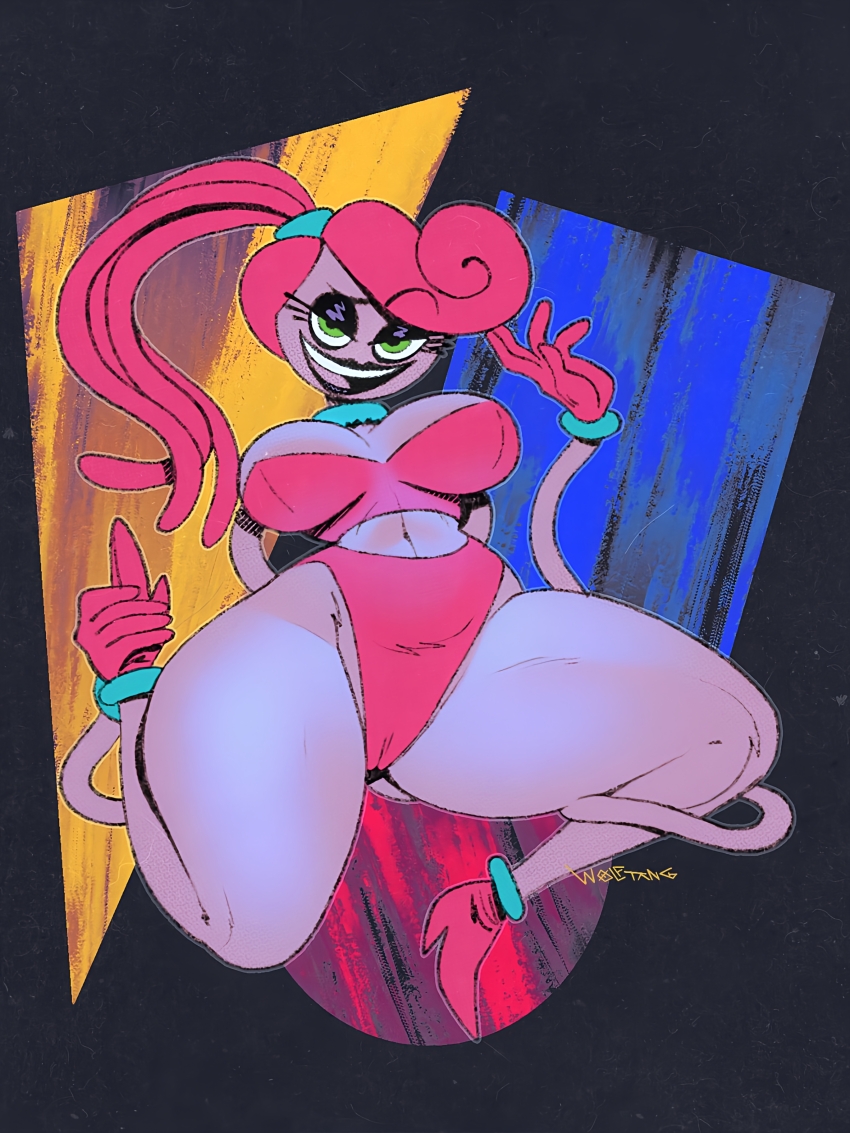 1girl, absurdres, artist_name, black_lips, boots, breasts, cameltoe, colored_skin, eyelashes, eyeshadow, female_focus, footwear_focus, gloves, gluteal_fold, green_eyes, groin, hairband, high_heels, highres, lipstick, looking_at_viewer, makeup, midriff, mommy_long_legs, narrowed_eyes, navel, pink_hair, pink_skin, ponytail, poppy_playtime, simple_background, smile, solo, thick_thighs, thighs, tongue, wide_hips, wolftangart