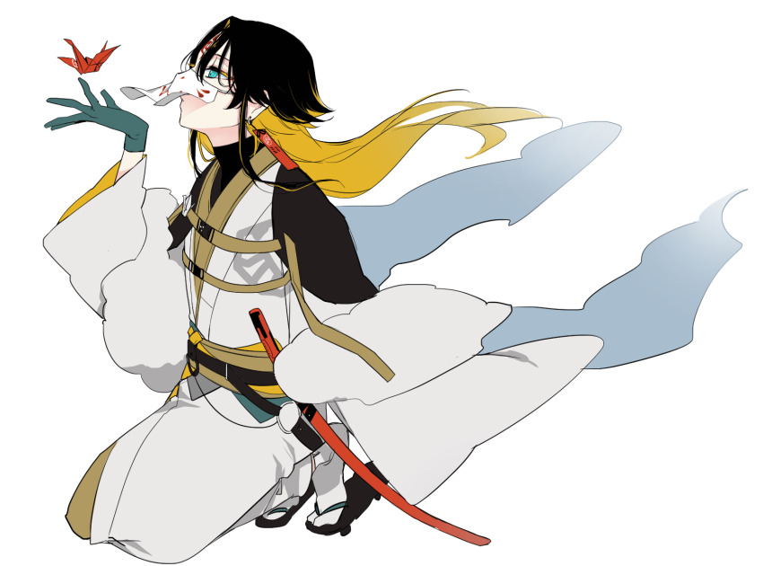 029jrr, 1boy, aqua_eyes, belt, black_hair, blonde_hair, blowing, blue_gloves