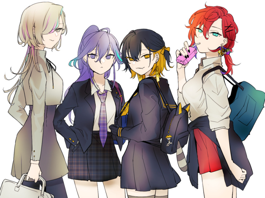 029jrr, 4girls, :3, animal_bag, aqua_eyes, aqua_hair, arm_at_side, backpack