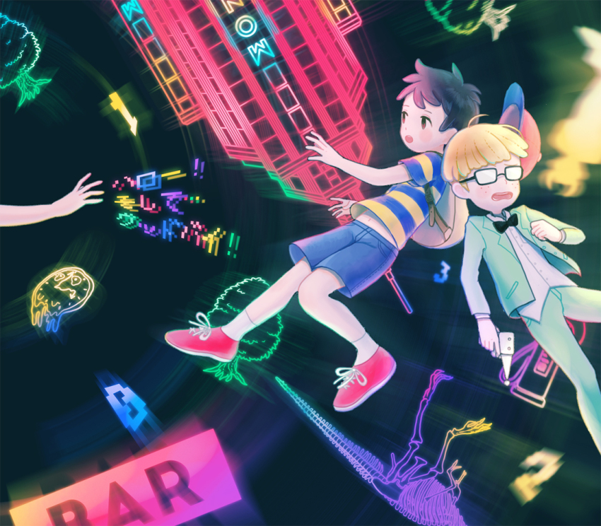 2boys, backpack, bag, black_bow, black_bowtie, black_hair, blonde_hair, blue_shorts