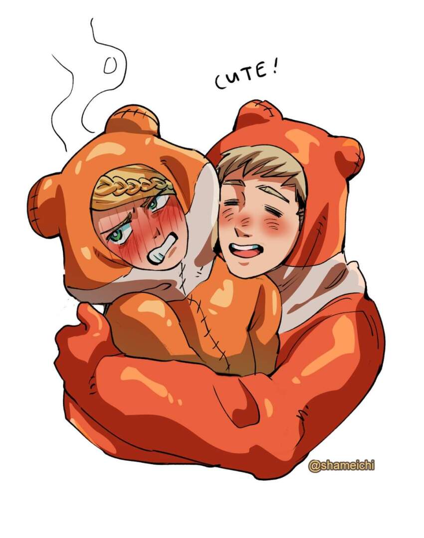 1boy, 1girl, =_=, animal_costume, averting_eyes, blush, braid, braided_bangs