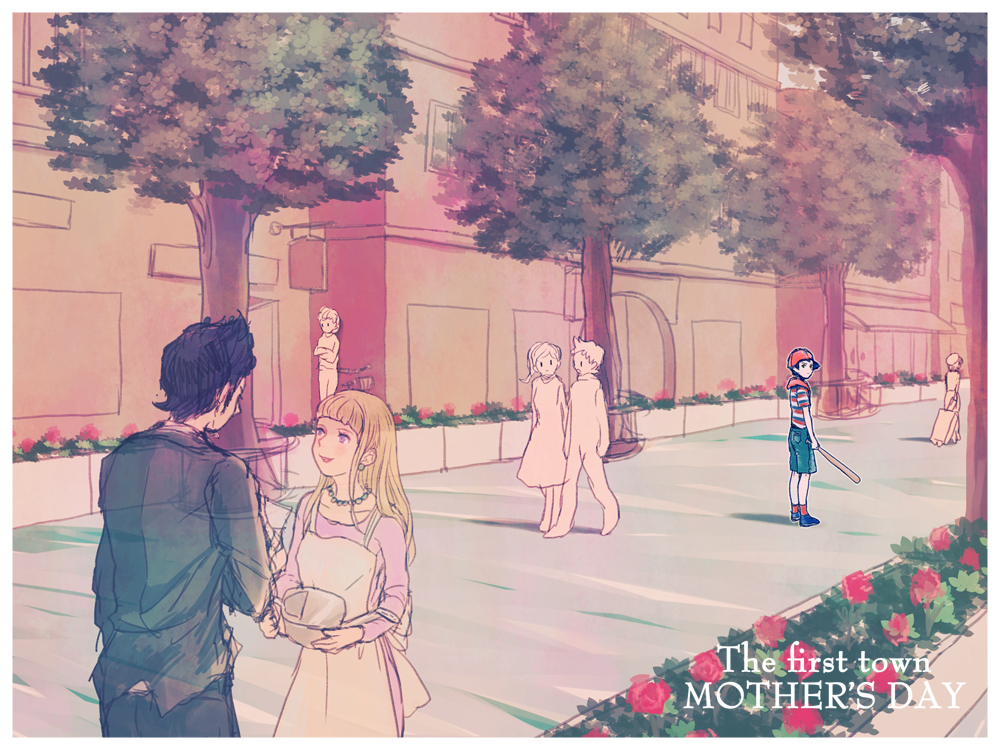1girl, 2boys, apron, baseball_bat, baseball_cap, blue_footwear, border, city, earrings, english_text, flower, george_(mother), hat, holding, holding_baseball_bat, jewelry, looking_back, memi_(gamemix), mother_(series), mother_1, multiple_boys, necklace, ninten, nintendo, outdoors, pink_shirt, queen_mary, red_flower, red_hat, red_rose, red_socks, rose, shirt, shoes, sidewalk, socks, striped_clothes, striped_shirt, tree, white_apron, white_border