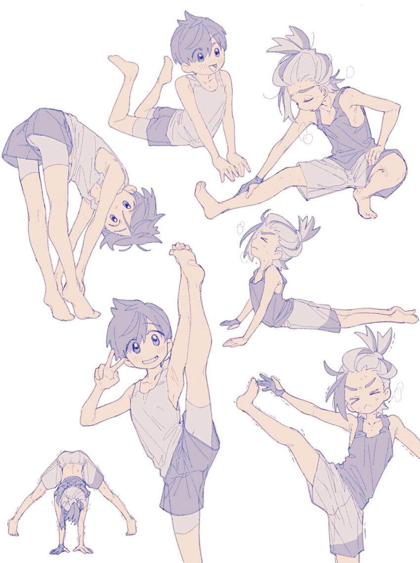 >_<, 2boys, :<, arm_up, barefoot, blush, closed_eyes, closed_mouth