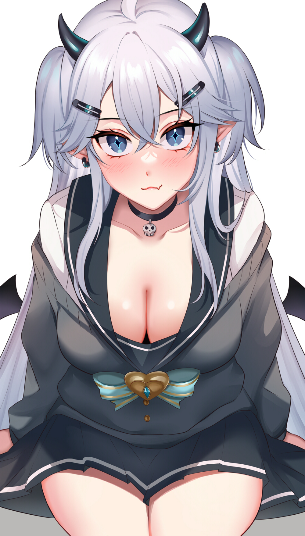 1girl, black_choker, black_horns, black_sailor_collar, black_skirt, black_wings, blue_bow, blush, bow, breasts, choker, closed_mouth, collarbone, crossed_bangs, earrings, fang, grey_eyes, grey_hair, grey_sweater, hair_between_eyes, hair_ornament, hairclip, highres, hioka_h, horns, indie_virtual_youtuber, jewelry, large_breasts, long_hair, miniskirt, pointy_ears, sailor_collar, shirt, sitting, skin_fang, skirt, skull_choker, solo, sweater, thighs, two_side_up, vei_(vtuber), vei_(schoolgirl_2.0)_(vtuber), virtual_youtuber, white_shirt, wings