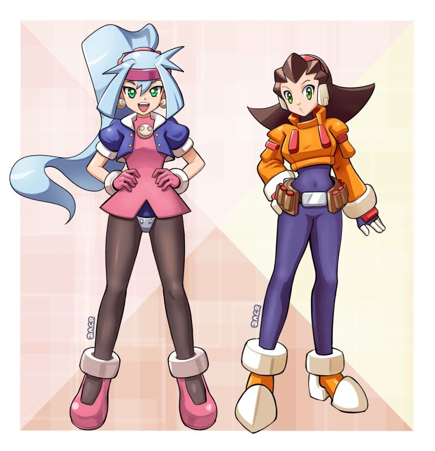 2girls, artist_name, ashe_(mega_man), ashe_(mega_man)_(cosplay), belt, black_bodysuit, black_pantyhose, blue_hair, blue_jacket, bodysuit, bodysuit_under_clothes, boots, breasts, brooch, brown_hair, cosplay, costume_switch, covered_navel, cropped_jacket, crotch_plate, deniacp, dress, earrings, full_body, gloves, hand_on_own_hip, hands_on_own_hips, high_ponytail, highres, jacket, jewelry, light_blue_hair, long_sleeves, looking_at_viewer, medium_breasts, medium_hair, mega_man_(series), mega_man_legends_(series), mega_man_zx, mega_man_zx_advent, multiple_girls, no_pants, open_clothes, open_jacket, open_mouth, orange_jacket, pantyhose, pink_boots, pink_dress, pink_gloves, ponytail, robot_ears, short_dress, short_sleeves, skull_brooch, skull_earrings, sleeves_rolled_up, smile, teeth, tron_bonne_(mega_man), tron_bonne_(mega_man)_(cosplay), upper_teeth_only