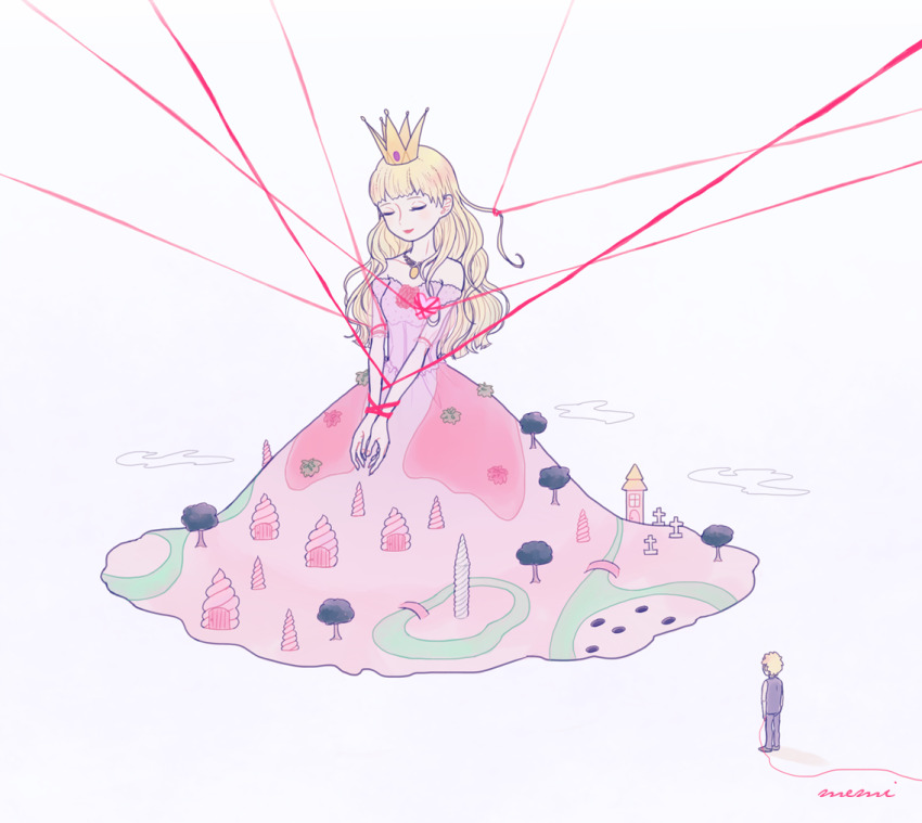 1girl, bare_shoulders, blonde_hair, bound, bridge, closed_eyes, closed_mouth, cloud, crown, dress, full_body, giant, giantess, jewelry, long_hair, magicant, memi_(gamemix), mother_(series), mother_1, necklace, nintendo, pink_dress, queen_mary, short_sleeves, signature, solo_focus, string, string_of_fate, tied_up_(nonsexual), tombstone, tree