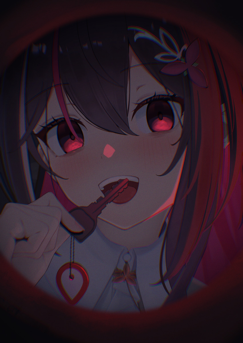 1girl, :d, absurdres, ascot, azki_(4th_costume)_(hololive), azki_(hololive), blush, brown_hair, collared_dress, colored_inner_hair, double-parted_bangs, dress, ecli_xx, flower, geoguessr, hair_between_eyes, hair_flower, hair_ornament, hairclip, highres, holding, holding_key, hololive, key, long_hair, looking_at_viewer, multicolored_hair, open_mouth, pink_hair, pov_peephole, red_eyes, smile, solo, streaked_hair, teeth, upper_teeth_only, virtual_youtuber, white_ascot, white_dress, white_hair, yandere