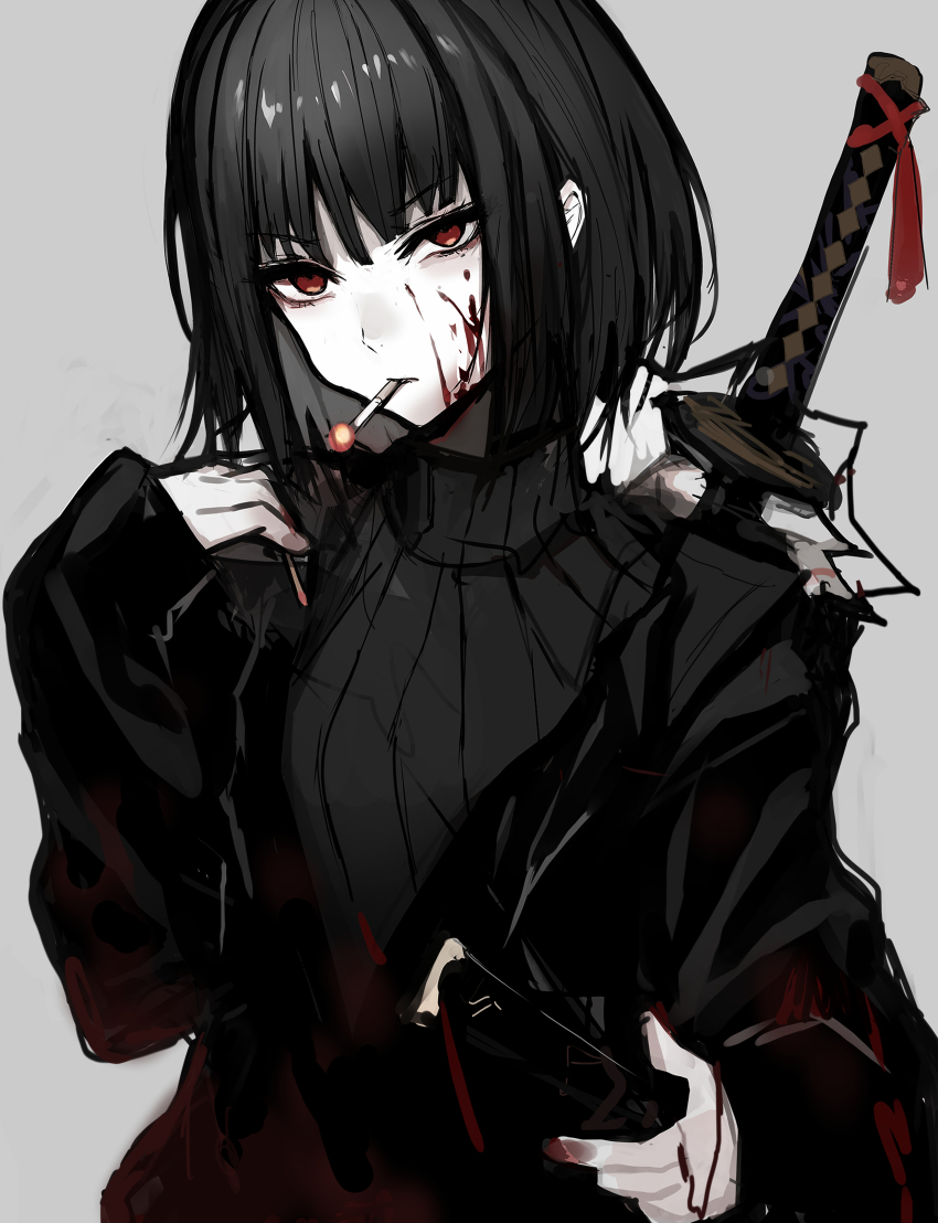 1girl, absurdres, black_coat, black_hair, blood, blood_on_clothes, blood_on_face, chuhaibane