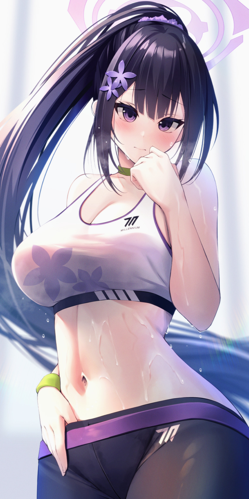 1girl, bare_shoulders, black_hair, black_pants, blue_archive, blush, breasts, choker
