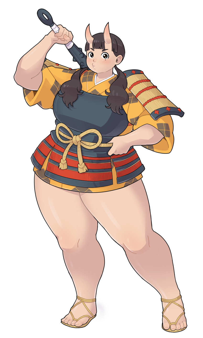 1girl, absurdres, arm_up, armor, black_eyes, black_hair, blunt_bangs, breasts