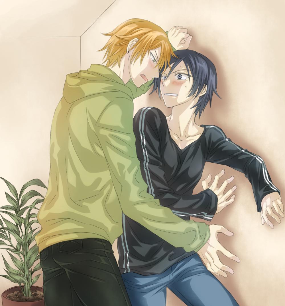 2boys, blush, earrings, fang, gender_request, genderswap, jewelry, jpeg_artifacts