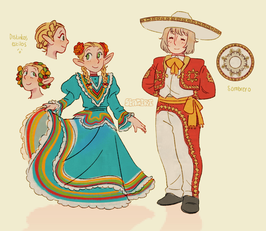 2girls, alternate_hairstyle, artist_name, blue_dress, blush, braid, brown_hair, dress