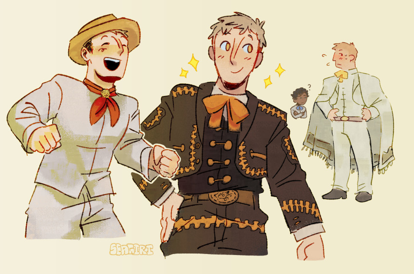 2boys, artist_name, belt, bow, brown_eyes, closed_eyes, dark-skinned_male, dark_skin