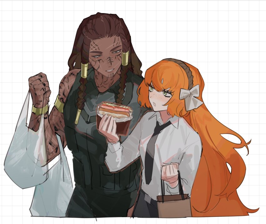 2girls, arm_tattoo, bag, black_necktie, black_pants, black_vest, bow, bracelet