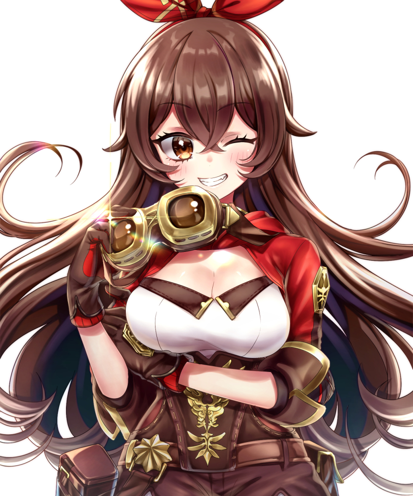 1girl, amber_(genshin_impact), belt, breasts, brown_belt, brown_eyes, brown_gloves, brown_hair