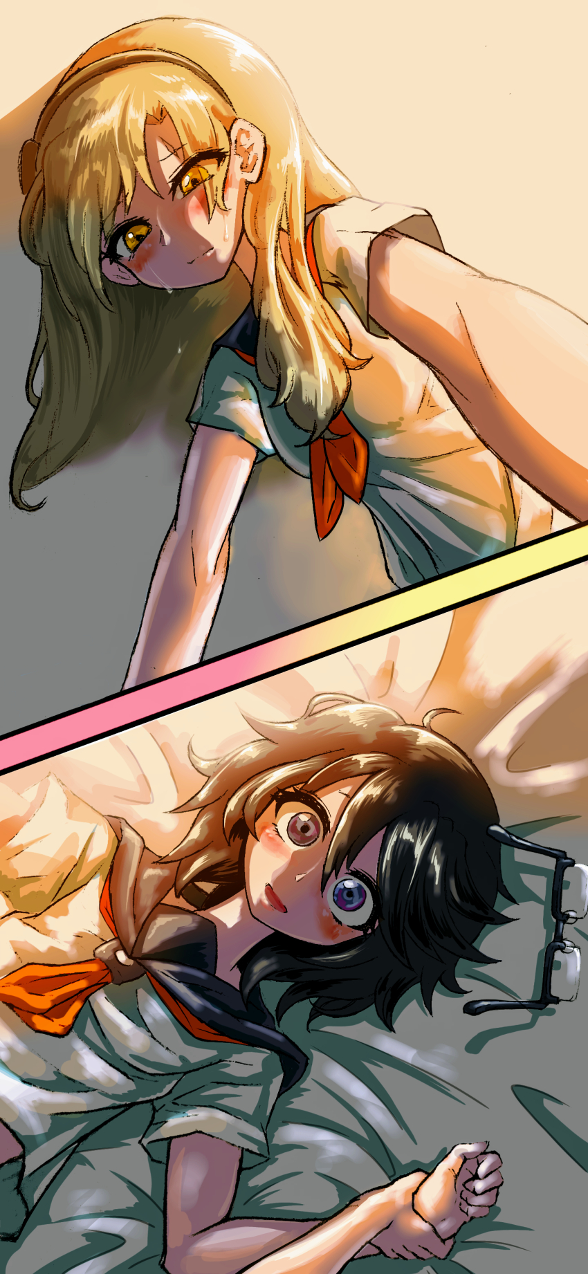 2girls, absurdres, aygoftenover, bed_sheet, black_hair, blonde_hair, blush, crying