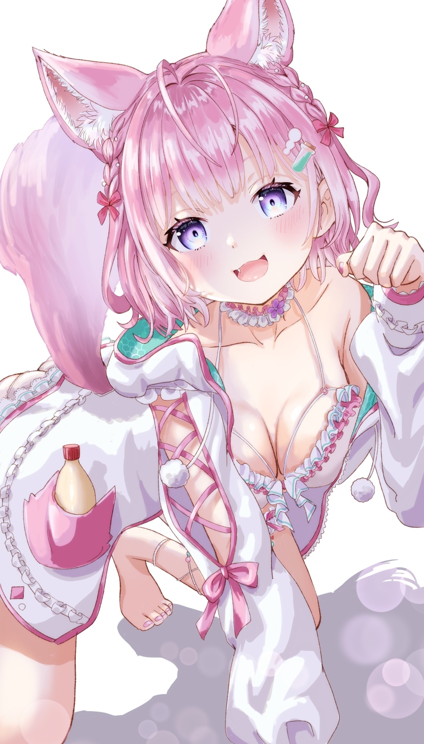 1girl, absurdres, animal_ear_fluff, animal_ears, anklet, antenna_hair, arm_cutout, barefoot