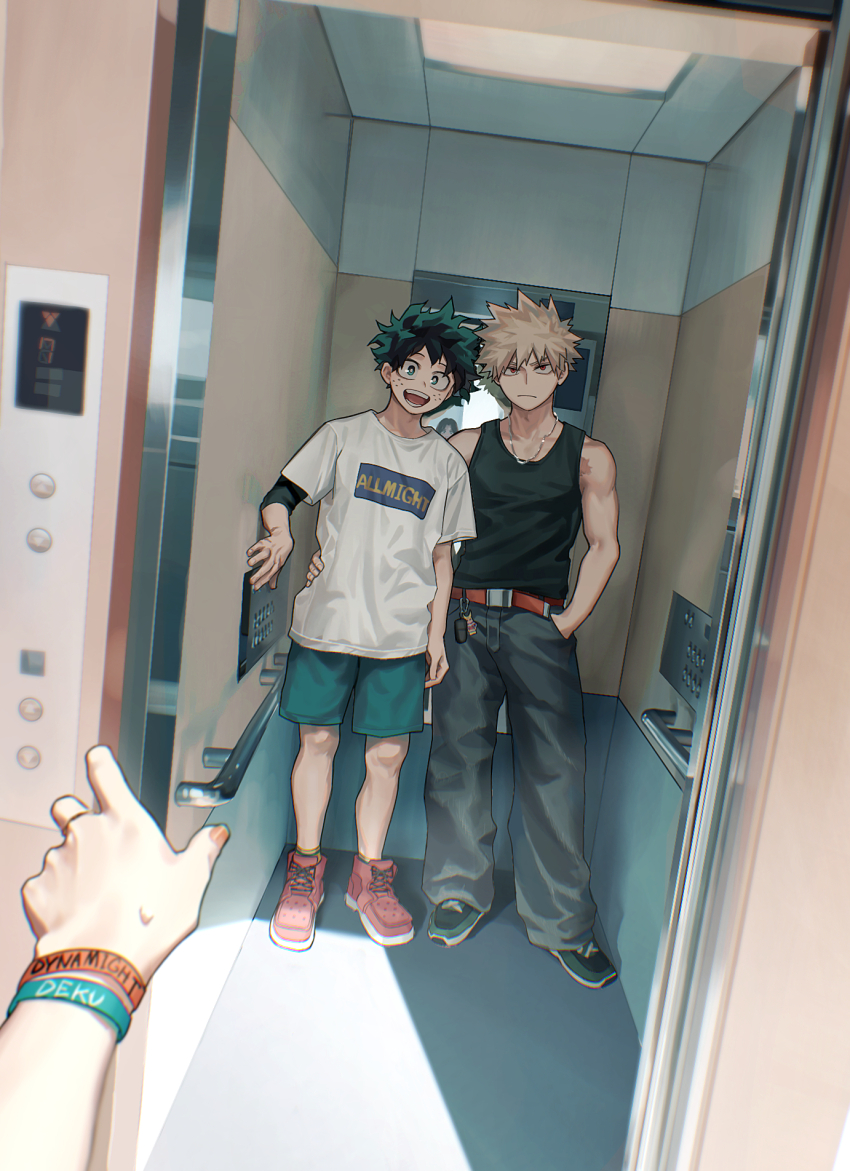 2boys, all_might, alternate_costume, ankle_socks, aqua_bracelet, aqua_shorts, arm_at_side, baggy_pants, bakugou_katsuki, bare_arms, bare_shoulders, belt, black_tank_top, blonde_hair, blurry, boku_no_hero_academia, bracelet, bright_pupils, brown_belt, cameo, casual, character_charm, character_name, charm_(object), chromatic_aberration, closed_mouth, clothing_request, commentary_request, cross-laced_footwear, cut_(nifuhami_35), depth_of_field, dutch_angle, elevator, elevator_door, elevator_operator, fingernails, freckles, from_outside, frown, green_eyes, green_footwear, green_hair, grey_pants, hand_in_pocket, hand_on_another's_waist, hand_up, handrail, highres, jewelry, light, looking_at_viewer, midoriya_izuku, mirror, multiple_boys, nail_polish, necklace, open_door, open_mouth, orange_nails, pants, partial_commentary, perspective, pov, print_shirt, push-button, red_eyes, red_footwear, reflection, ring, sanpaku, scar, scar_on_hand, scar_on_shoulder, seven-segment_display, shade, shirt, short_hair, short_sleeves, shorts, side-by-side, single_horizontal_stripe, sleeveless, smile, socks, soft_focus, spiked_hair, standing, sweatdrop, t-shirt, tank_top, white_pupils, white_shirt, wrinkled_fabric, yellow_socks