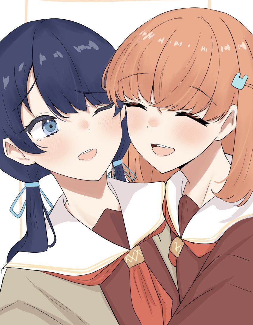 2girls, ;d, ^_^, blue_eyes, blue_hair, blue_ribbon, brown_cardigan, brown_dress