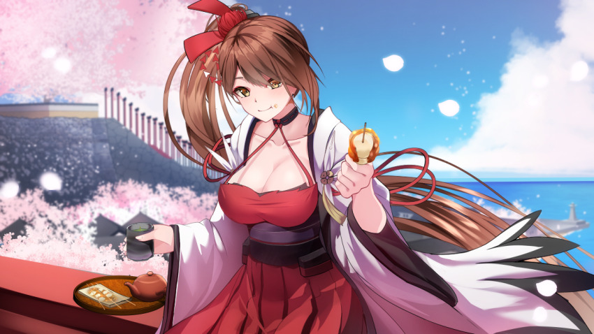 1girl, azur_lane, blush, breasts, brown_hair, cherry_blossoms, cleavage, commentary_request