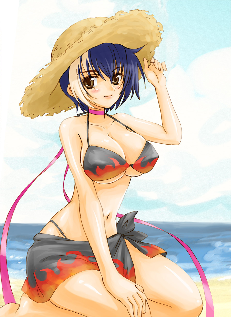 1girl, bad_id, bad_pixiv_id, beach, bikini, black_bikini, blue_hair, blush
