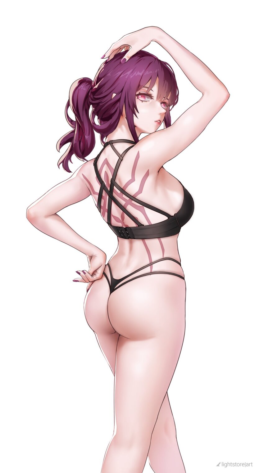 1girl, ass, black_bra, black_panties, bra, breasts, commentary, demiraito, english_commentary, highres, honkai:_star_rail, honkai_(series), kafka_(honkai:_star_rail), large_breasts, looking_at_viewer, looking_back, panties, purple_eyes, purple_hair, simple_background, solo, spider_web_print, underwear, variant_set, white_background