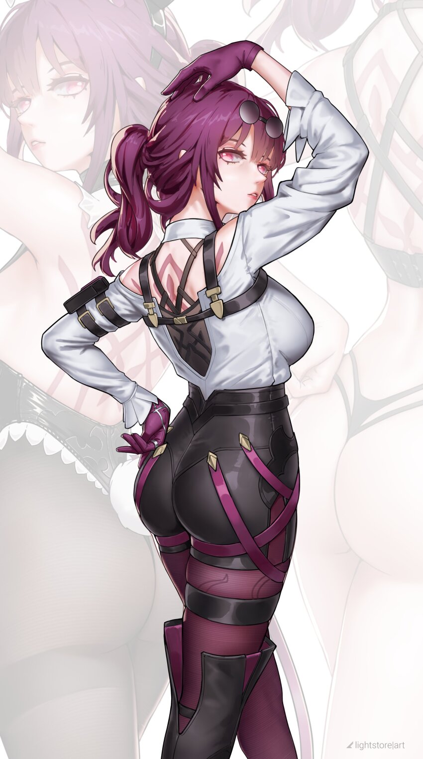 1girl, absurdres, ass, asymmetrical_legwear, black_shorts, breasts, commentary, demiraito, english_commentary, gloves, high-waist_shorts, highres