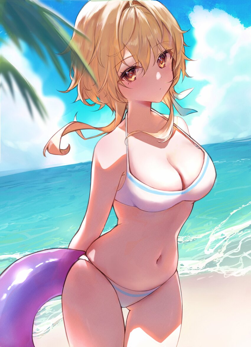 1girl, absurdres, alternate_costume, beach, bikini, blonde_hair, blue_sky, blurry, blurry_foreground, breasts, cleavage, closed_mouth, commentary_request, feather_hair_ornament, feathers, genshin_impact, hair_between_eyes, hair_ornament, highres, holding, holding_swim_ring, innertube, looking_at_viewer, lumine_(genshin_impact), medium_breasts, navel, ocean, outdoors, palm_leaf, raramente, short_hair_with_long_locks, sky, swim_ring, swimsuit, thigh_gap, white_bikini, yellow_eyes